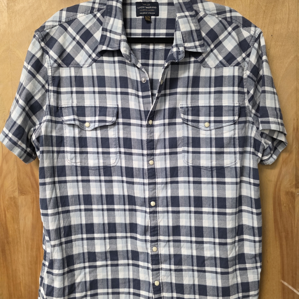 Lucky Brand Women’s XL Plaid Short Sleeve Pearl Snap Shirt – 97% Cotton